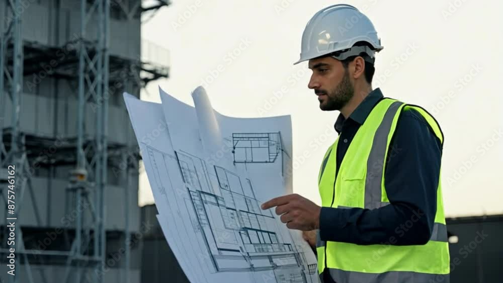 Smart civil architect engineer inspecting and working outdoors building side with blueprints Smart civil architect engineer inspecting and working outdoors building side with blueprints