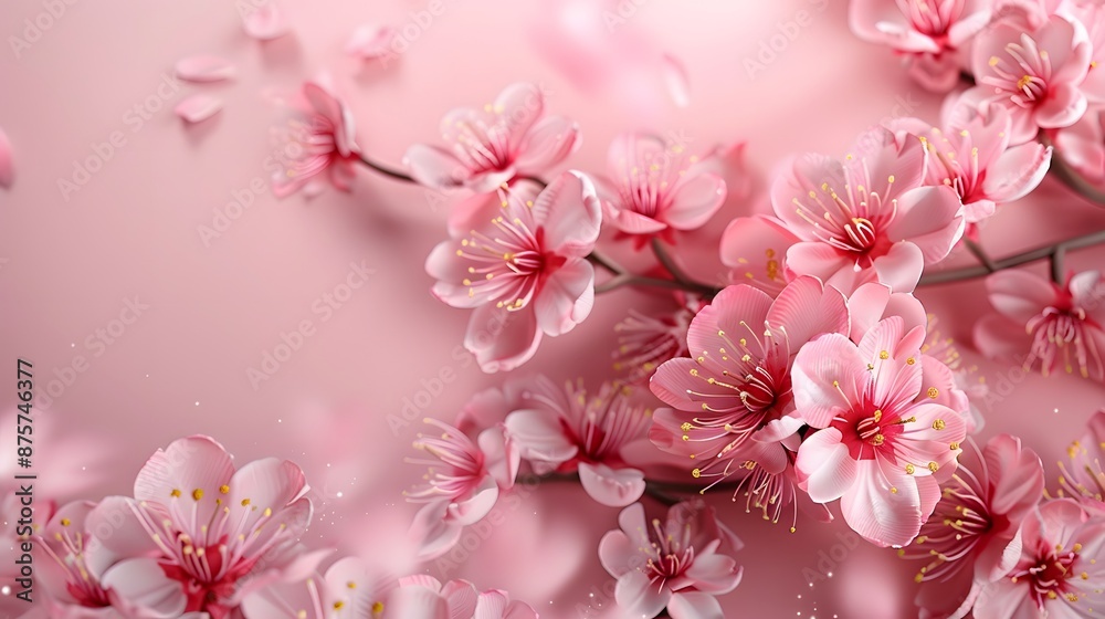 Fototapeta premium Soft and soothing pink background with cherry blossoms delicately placed, conveying a sense of serenity and gentle beauty.