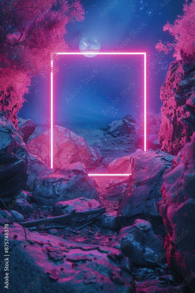 Fototapeta premium Rocky area with pink neon frame