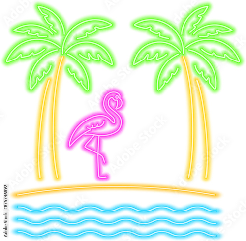 Abstract flamingo bird and two palm trees, neon glowing illustration. Flamingo on the beach and palm trees. Minimalistic colorful neon glowing line design.