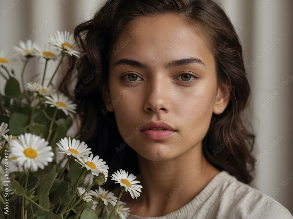 Beautiful young woman holding a white flower. Ai Generative. Beautiful young woman holding a white flower. Ai Generative.