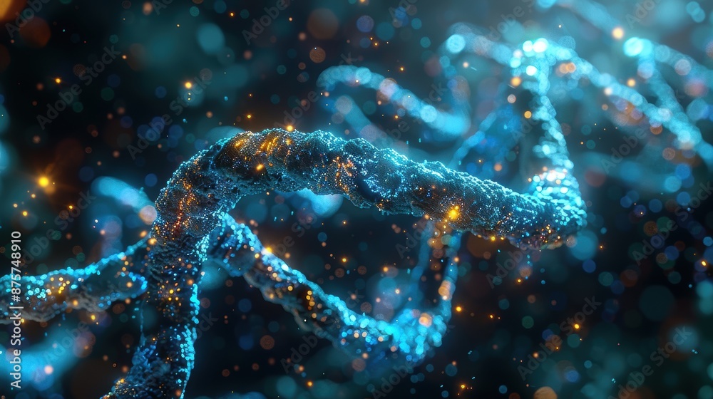 Obraz premium Close-up view of a glowing DNA strand, representing genetic research, biotechnology, and molecular biology in a futuristic, sci-fi style.