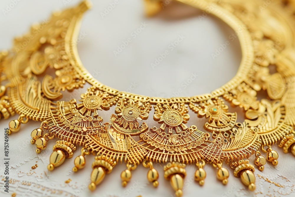 Close up of designer golden necklace jewellery isolated on white background Close up of designer golden necklace jewellery isolated on white background