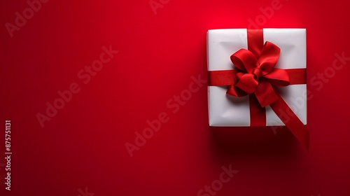 Open white gift box tied with red ribbon on red background horizontal composition with directly above great use for christmas and valentines day related gift concepts