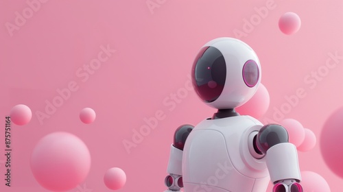 A humanoid robot standing in front of a pink background.