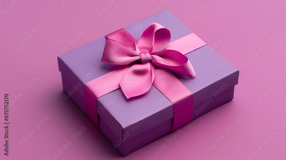 Purple gift box with rose colored ribbon isolated on purple background Purple gift box with rose colored ribbon isolated on purple background