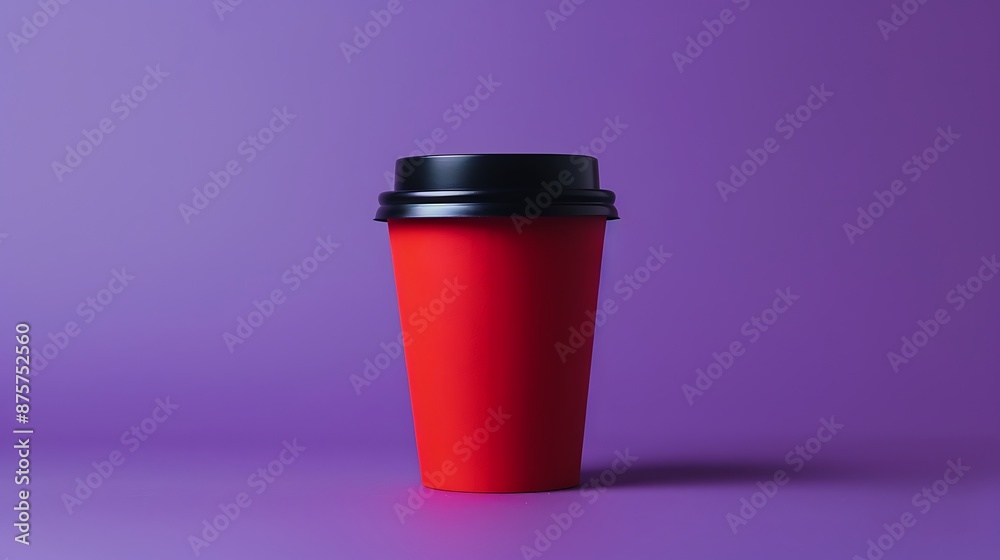 Red coffee cup and black lid on purple background Red coffee cup and black lid on purple background