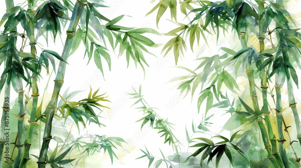 Fototapeta premium Watercolor painting of bamboo leaves and stalks with a white background