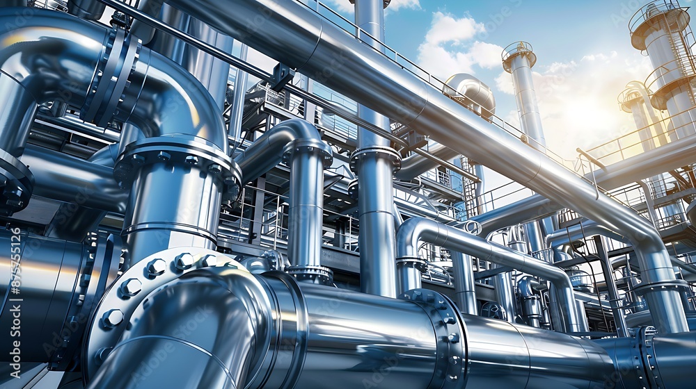 aerial view of an industrial maze of pipes and valves in shades of steel and blue aerial view of an industrial maze of pipes and valves in shades of steel and blue