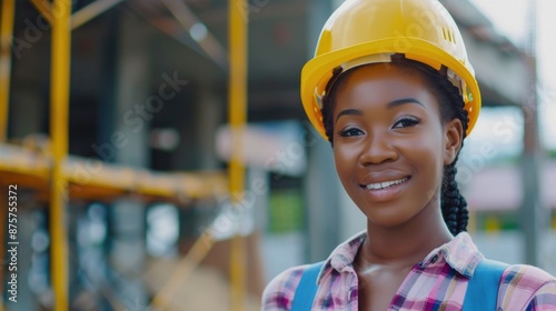 Woman in hard hat stands in front of building,