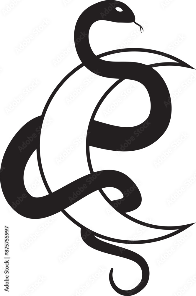Mystical composition with a snake wriggling around a crescent moon. Boho style and esotericism. Magic illustration for sublimation, posters and prints. Silhouette of serpent and crescent moon. Mystical composition with a snake wriggling around a crescent moon. Boho style and esotericism. Magic illustration for sublimation, posters and prints. Silhouette of serpent and crescent moon.