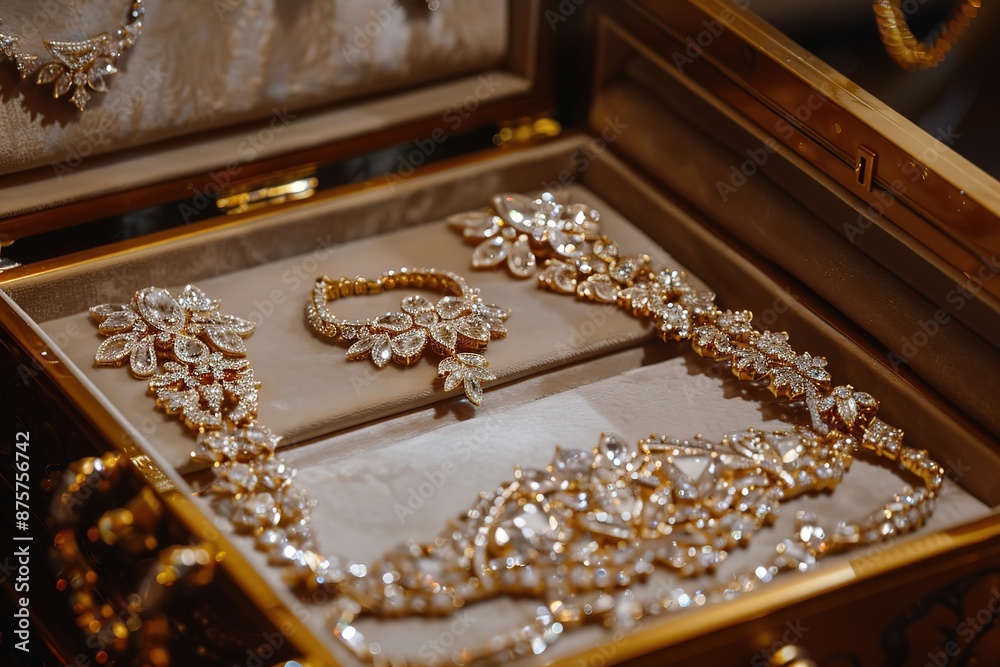 Jewelry. Gold chains, necklaces, and bracelets on coasters