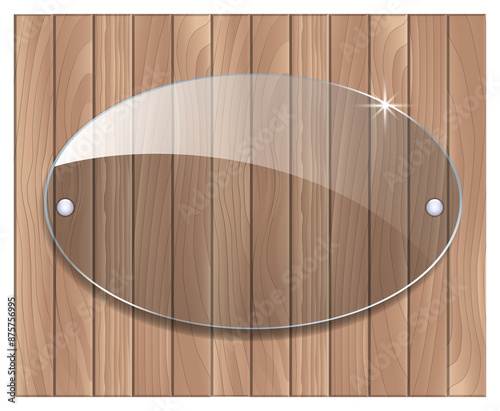 Glass Plaque on Wooden Background. 3D illustration