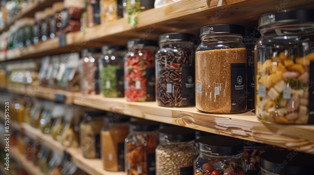 A detailed close-up of innovative, eco-friendly RTE food packaging on a stylish store shelf.  
