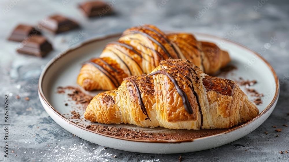 Scrumptious chocolate croissants on a plate with cocoa powder Scrumptious chocolate croissants on a plate with cocoa powder