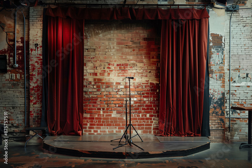 stage for open mic comedy, brick background with red curtains, stand up comedy show poster background, microphone shot from the back of comedian, with audience on the background