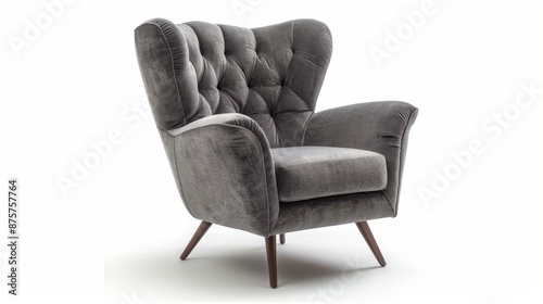 Gray upholstered armchair with a tall, curved back and wide, plush seat is isolated on a white background.