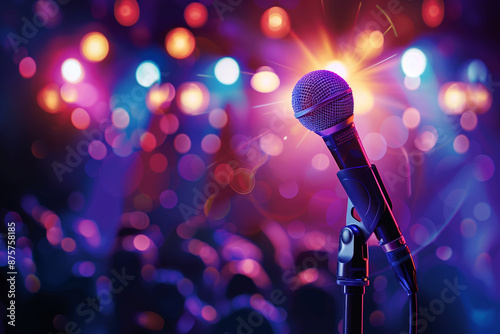 microphone with bokeh light background, stand up comedy show, karaoke or singing contest, background for poster design, open mic and jokes show, 