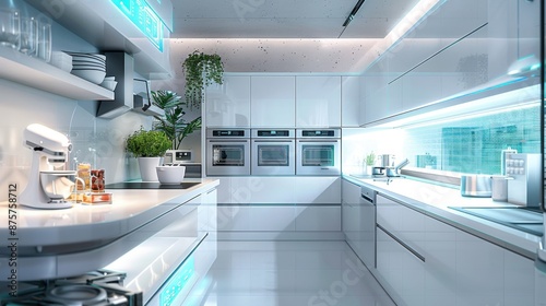 A futuristic kitchen with smart appliances preparing ready-to-eat meals  bright and detailed environment.  4e05-ad88-67bfec1bb319