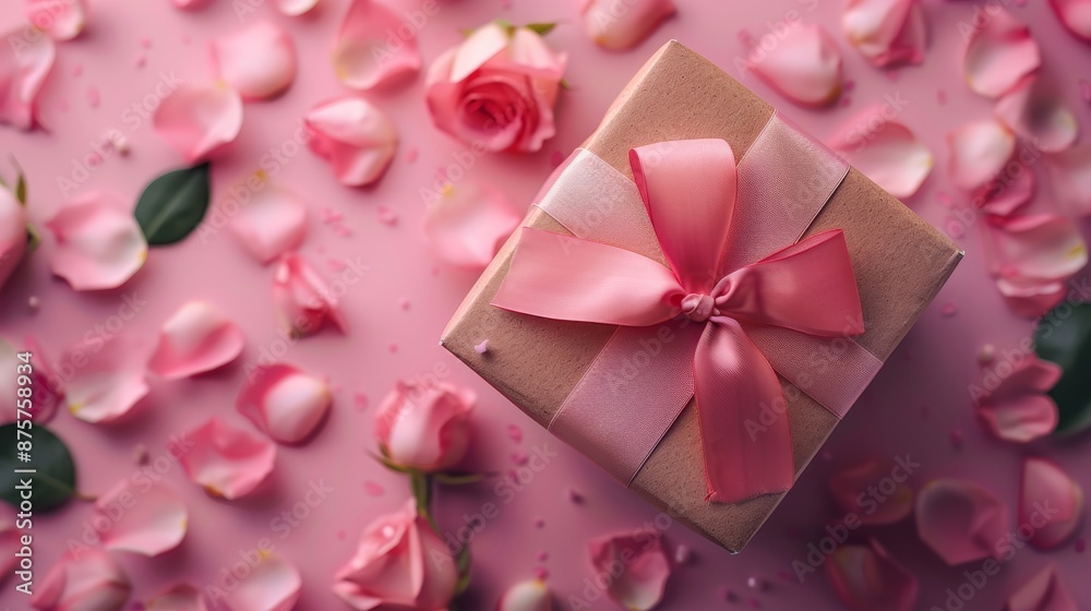 Pink roses and a gift box on a pink background Pink roses and a gift box on a pink background