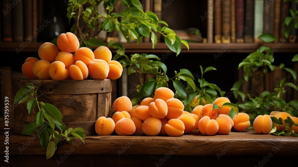 A rustic wooden table adorned with freshly picked apricots in a wooden basket and scattered around, with green leaves and a bookshelf in the background. A rustic wooden table adorned with freshly picked apricots in a wooden basket and scattered around, with green leaves and a bookshelf in the background.