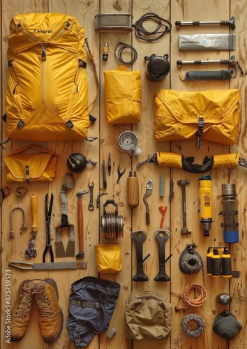 Organized Backpacking Gear Knolling - A meticulously organized knolling arrangement of essential backpacking gear and accessories, showcasing everything needed for an outdoor adventure.