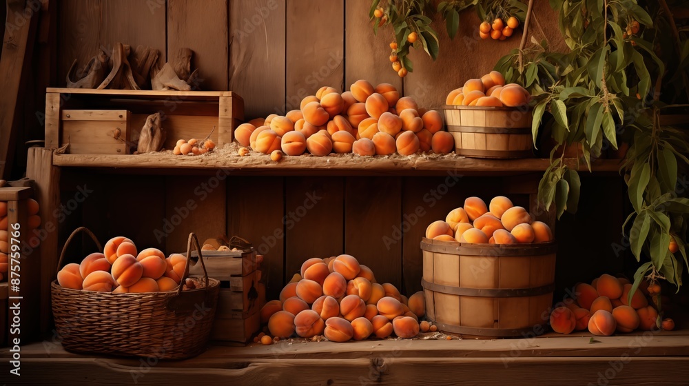 A rustic wooden shelf filled with freshly picked peaches in baskets and barrels, with some peaches scattered around. A rustic wooden shelf filled with freshly picked peaches in baskets and barrels, with some peaches scattered around.