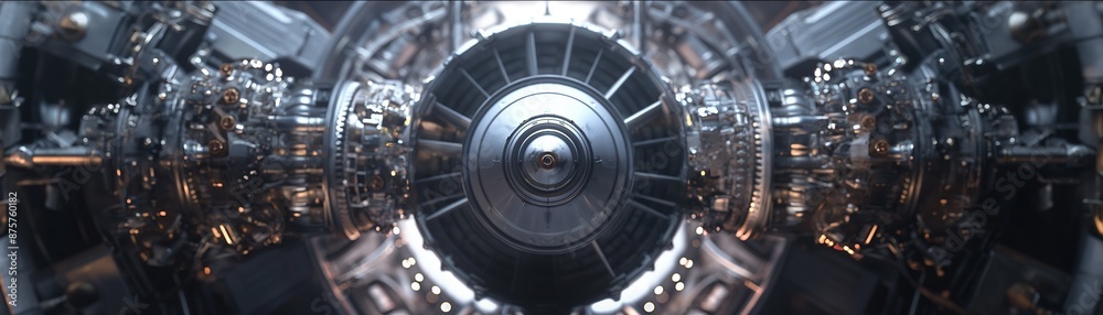 A sophisticated mechanical component of an airplane engine. A sophisticated mechanical component of an airplane engine.