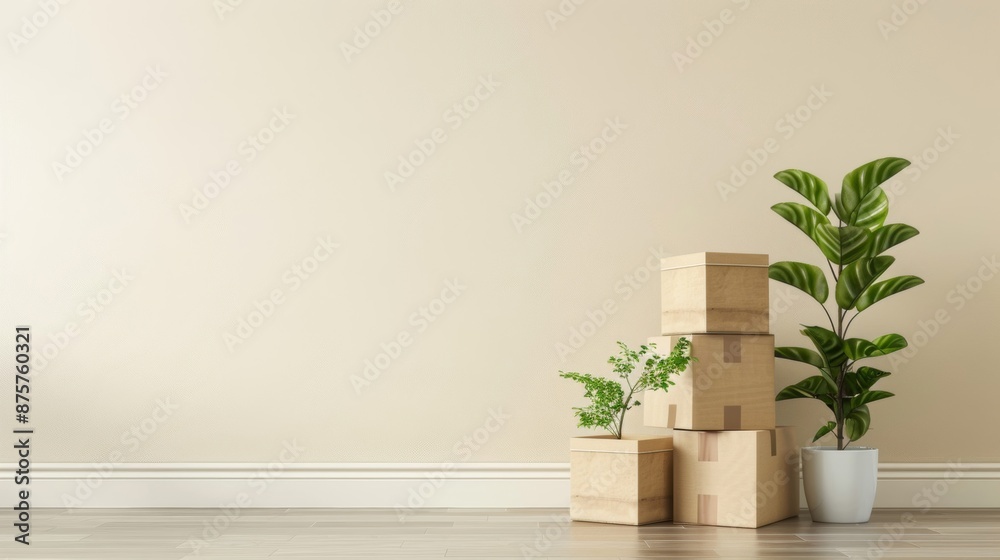 Cardboard boxes and houseplants lay on the floor of the spare room ...