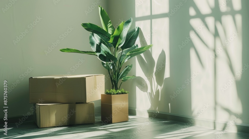 Cardboard boxes and houseplants lay on the floor of the spare room ...