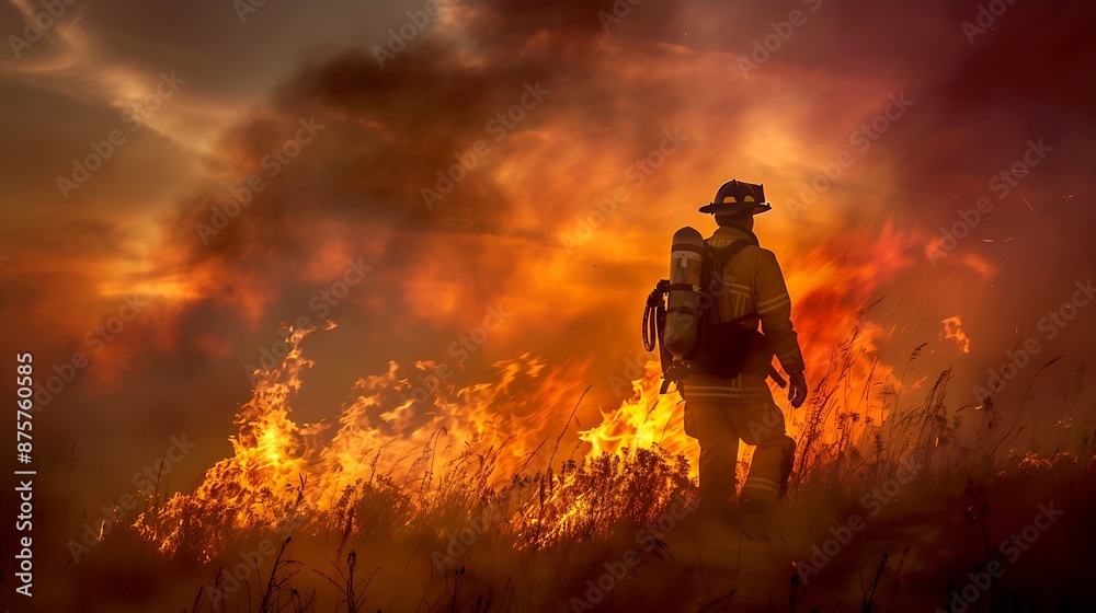 Fototapeta premium intense image of firefighter in front of wildfire flames capturing bravery