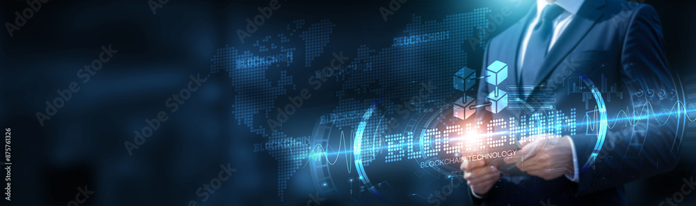 Businessman using tablet on blockchain global network connection on secure and decentralized platforms with encrypted data and development of smart contracts. Technology and blockchain innovations.