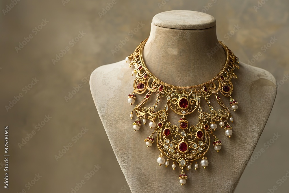 Beautiful gold necklaces studded with emeralds, gems, pearls and precious stones Beautiful gold necklaces studded with emeralds, gems, pearls and precious stones