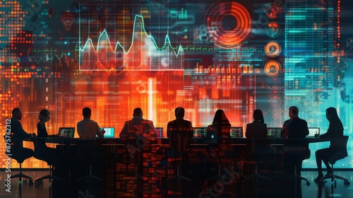 A detailed illustration of a group of diverse business professionals brainstorming and analyzing data around a conference table, with charts and graphs projected on a screen behind © MAY