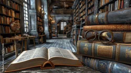 Vintage library with ancient books and reading glasses on a wooden table. Concept of history, knowledge, and literary heritage photo