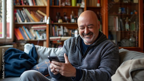A man in his thirties using a smartphone happily in his living room.