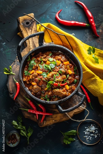 The traditional dish ostri, served in a bowl on a wooden cutting board, originates from Georgia. photo