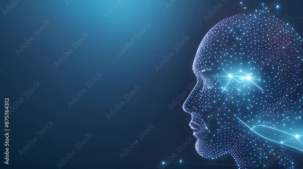 A blue background with a face made of lines and dots. A blue background with a face made of lines and dots.