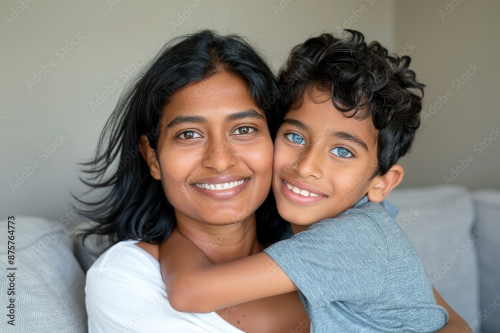 Mother and little boy, grinning and turning aside, enjoying their free time together. motherhood and the family Mother and little boy, grinning and turning aside, enjoying their free time together. motherhood and the family