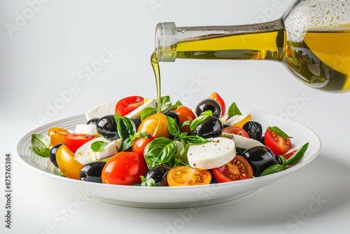 Mediterranean or Caprese salad. A wooden table adorned with black olives, basil, tomato, and olive oil. photo