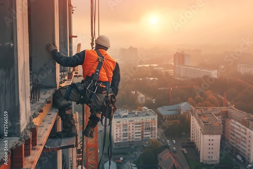 construction worker in safety gear on high-rise building at sunrise
