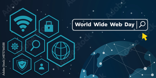 World Wide Web Day. Earth, search, padlock, shield and more. Great for cards, banners, posters, social media and more. Dark blue background.