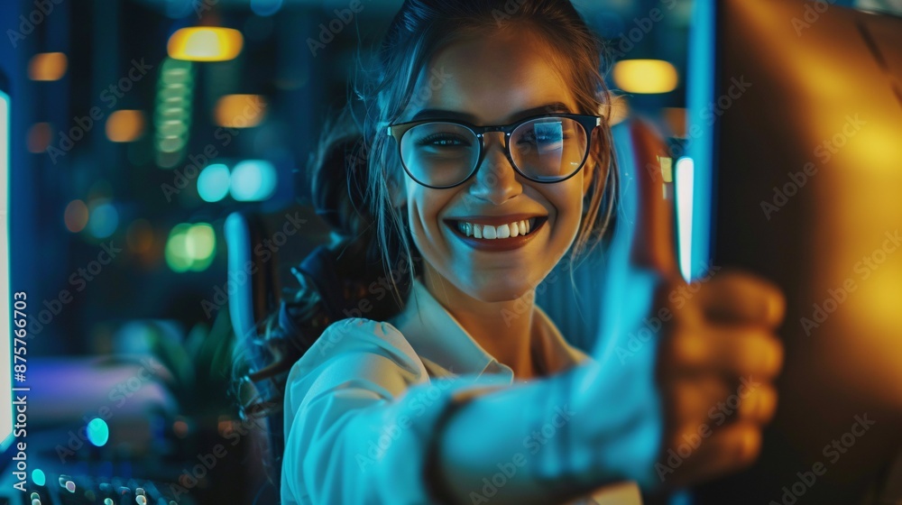 Female employee giving approval while taking a break from work on a computer during late hours. Portrait of a woman as an administrative worker showing satisfaction and agreement. Female employee giving approval while taking a break from work on a computer during late hours. Portrait of a woman as an administrative worker showing satisfaction and agreement.