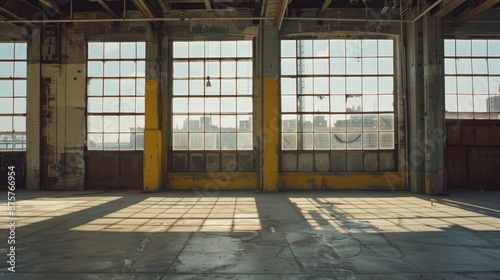 Empty Building Wall with Prominent Yellow Stripe and Windows