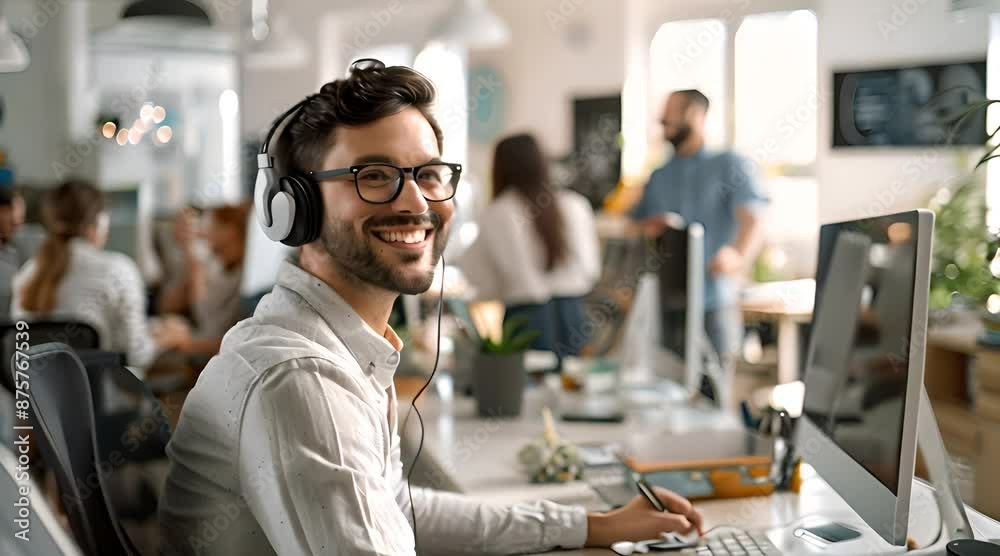 A man wearing glasses and a scarf is smiling while wearing headphones. A man wearing glasses and a scarf is smiling while wearing headphones.