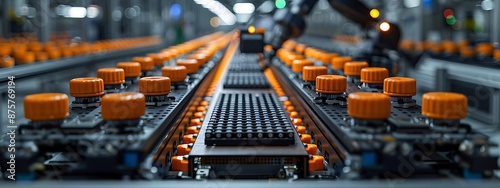  Mass production assembly line of electric vehicle battery cells close-up view 