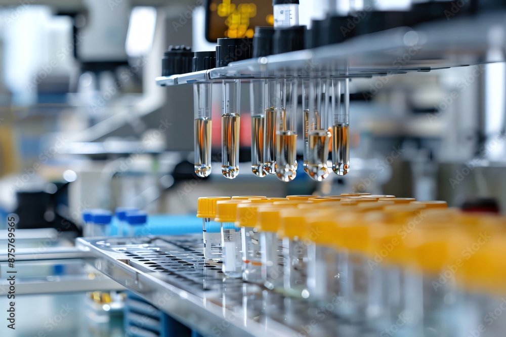 Lab Tube Processing Rows of test tubes containing yellow liquid being processed by an ...