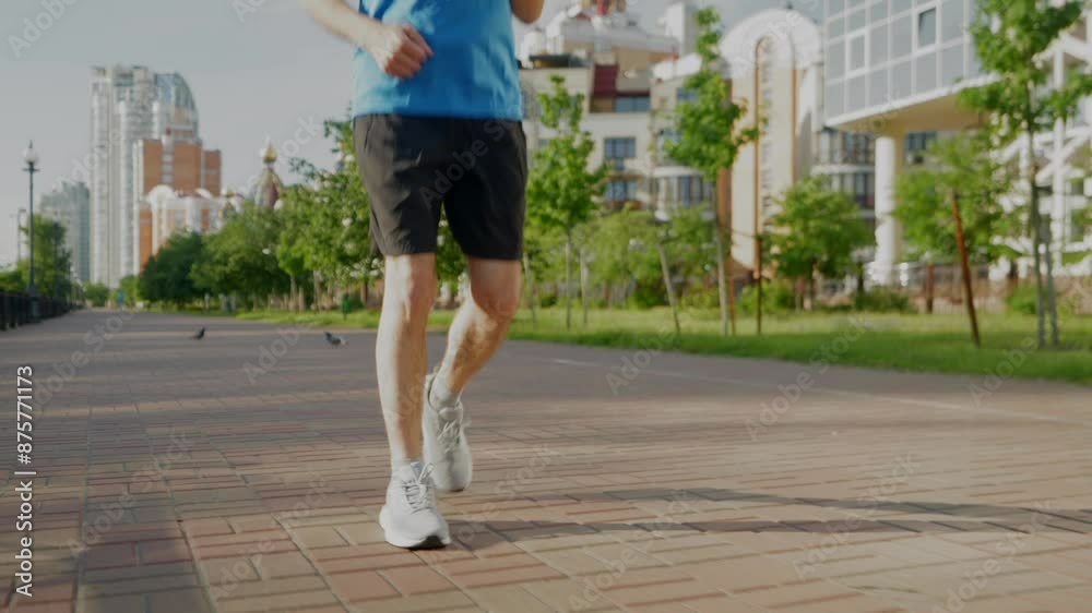 Close-up of male legs in sports shoes jogging in city street, doing running training outdoors in rays of warm rising sun. Front view. Close-up of male legs in sports shoes jogging in city street, doing running training outdoors in rays of warm rising sun. Front view.