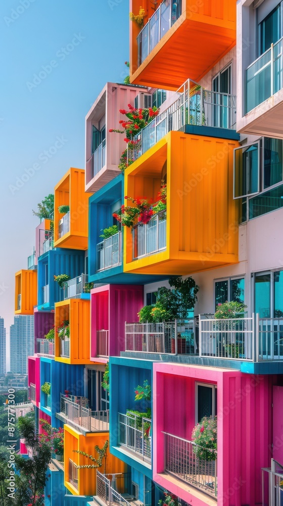 A colorful building with many balconies and windows A colorful building with many balconies and windows