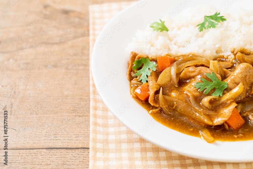 Japanese curry rice with sliced pork, carrot and onions Japanese curry rice with sliced pork, carrot and onions